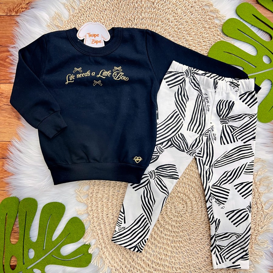  Conj. Casaco Life needs a Little Bow e Calça Legging - Preto e Dourado